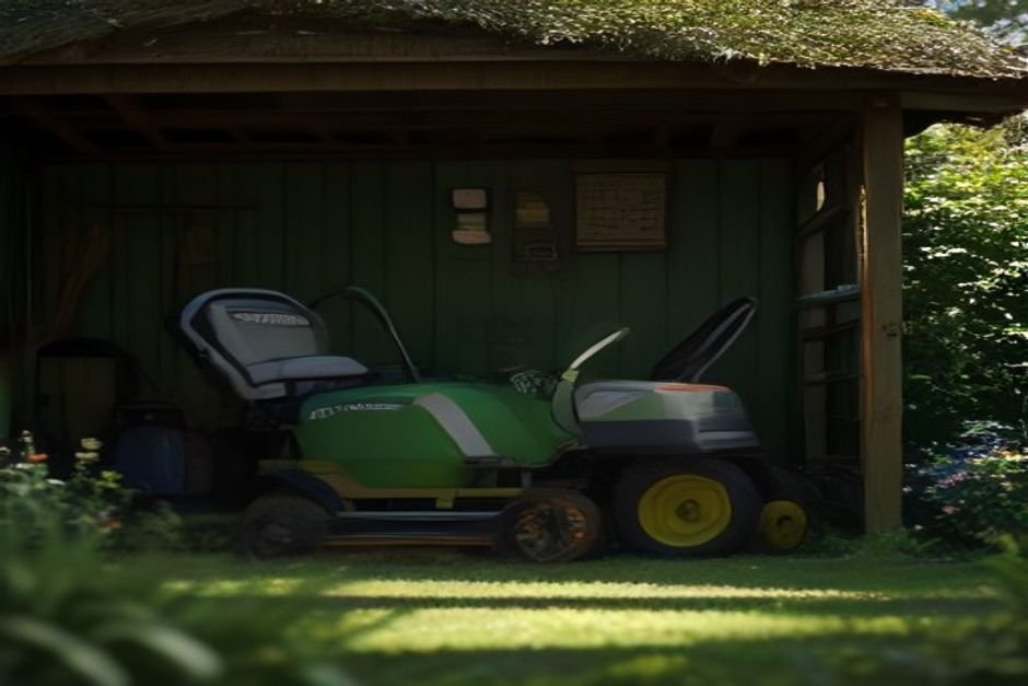 A lawn mower stored in a garden shed