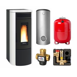 Extraflame COSTANZA IDRO 16 wasserführender Pelletofen weiß - TPSM 600 Hochleistungs-Pufferspeicher montiert silber -Heizungsausdehnungsgefäß 80 L